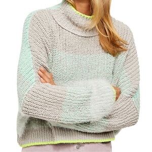 Free People Sunbrite Mock Neck Drop Shoulder Retro Color Block Crop Boho Sweater